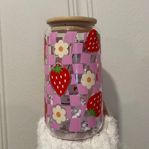 Strawberry Checkered Glass Tumbler Cup